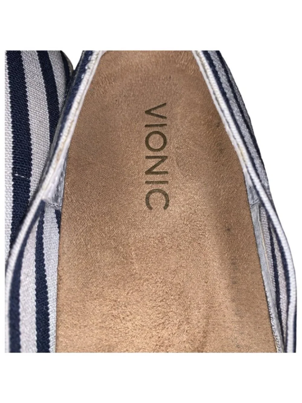 Vionic Navy and White Striped Espadrille Flats
